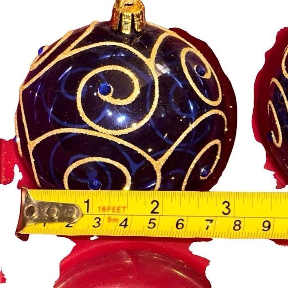 8 Blown Glass Blue With Gold Glitter Swirl Hanging Christmas Ornaments - Picture 6 of 8